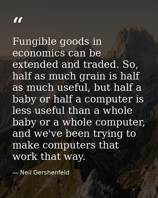 Fungible goods in economics can be extended and traded. So, half as much grain is half as much useful, but half a baby o — Neil Gershenfeld
