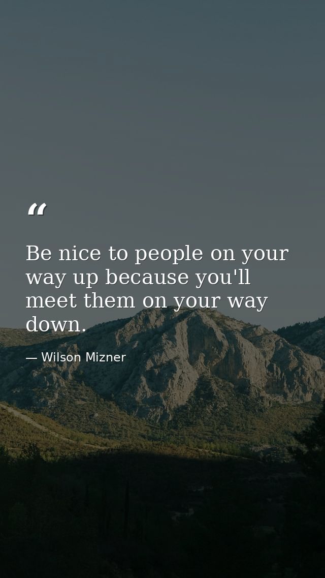 Be nice to people on your way up because you'll meet them on your way down. — Wilson Mizner