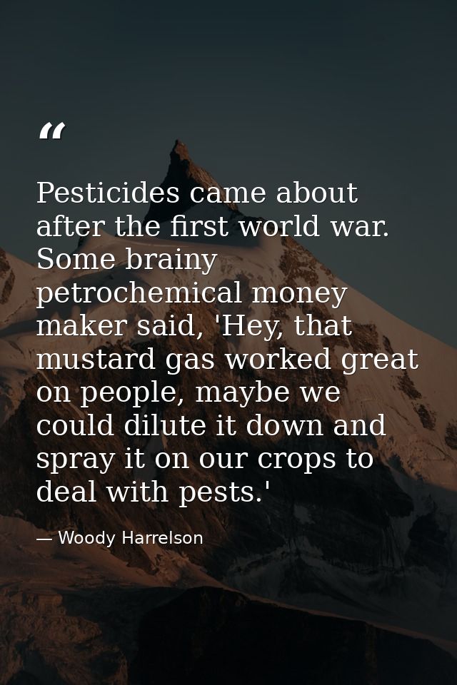 Pesticides came about after the first world war. Some brainy petrochemical money maker said, 'Hey, that mustard gas work — Woody Harrelson