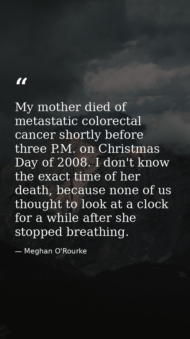 My mother died of metastatic colorectal cancer shortly before three P.M. on Christmas Day of 2008. I don't know the exac — Meghan O'Rourke