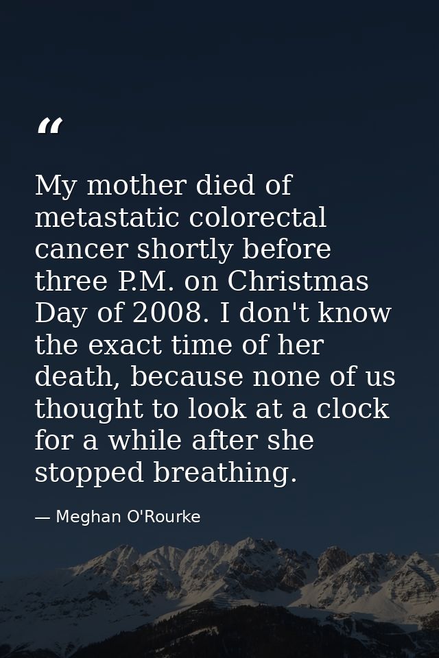 My mother died of metastatic colorectal cancer shortly before three P.M. on Christmas Day of 2008. I don't know the exac — Meghan O'Rourke