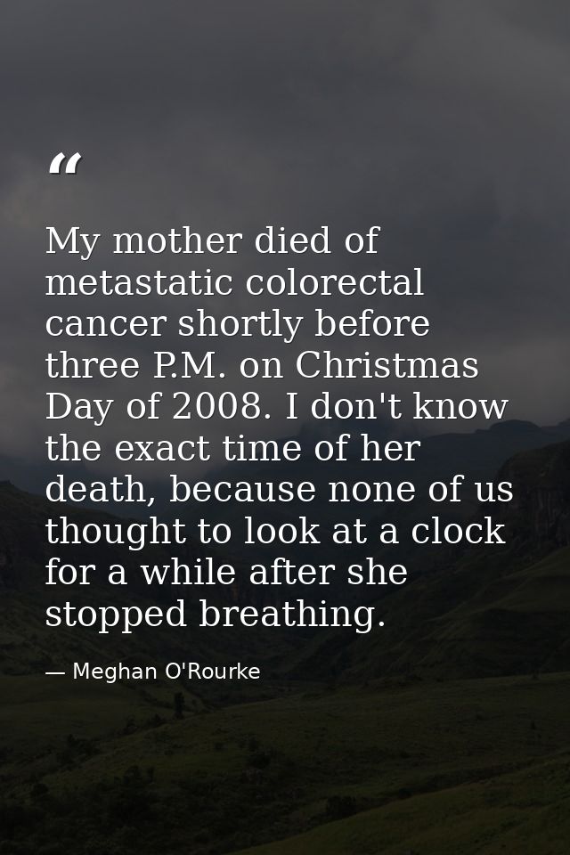 My mother died of metastatic colorectal cancer shortly before three P.M. on Christmas Day of 2008. I don't know the exac — Meghan O'Rourke