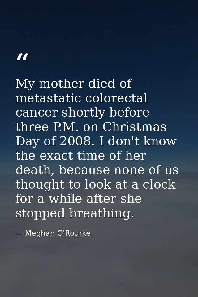 My mother died of metastatic colorectal cancer shortly before three P.M. on Christmas Day of 2008. I don't know the exac — Meghan O'Rourke