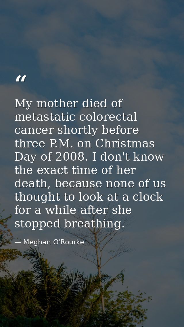 My mother died of metastatic colorectal cancer shortly before three P.M. on Christmas Day of 2008. I don't know the exac — Meghan O'Rourke