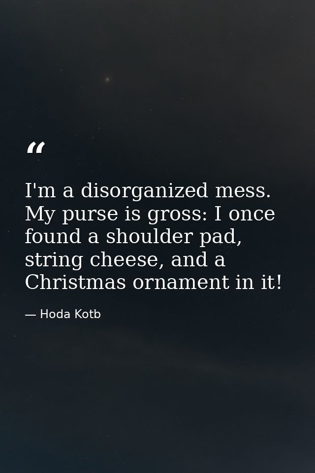 I'm a disorganized mess. My purse is gross: I once found a shoulder pad, string cheese, and a Christmas ornament in it! — Hoda Kotb