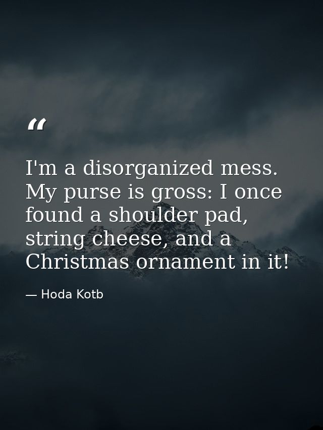 I'm a disorganized mess. My purse is gross: I once found a shoulder pad, string cheese, and a Christmas ornament in it! — Hoda Kotb