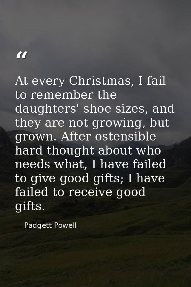 At every Christmas, I fail to remember the daughters' shoe sizes, and they are not growing, but grown. After ostensible  — Padgett Powell