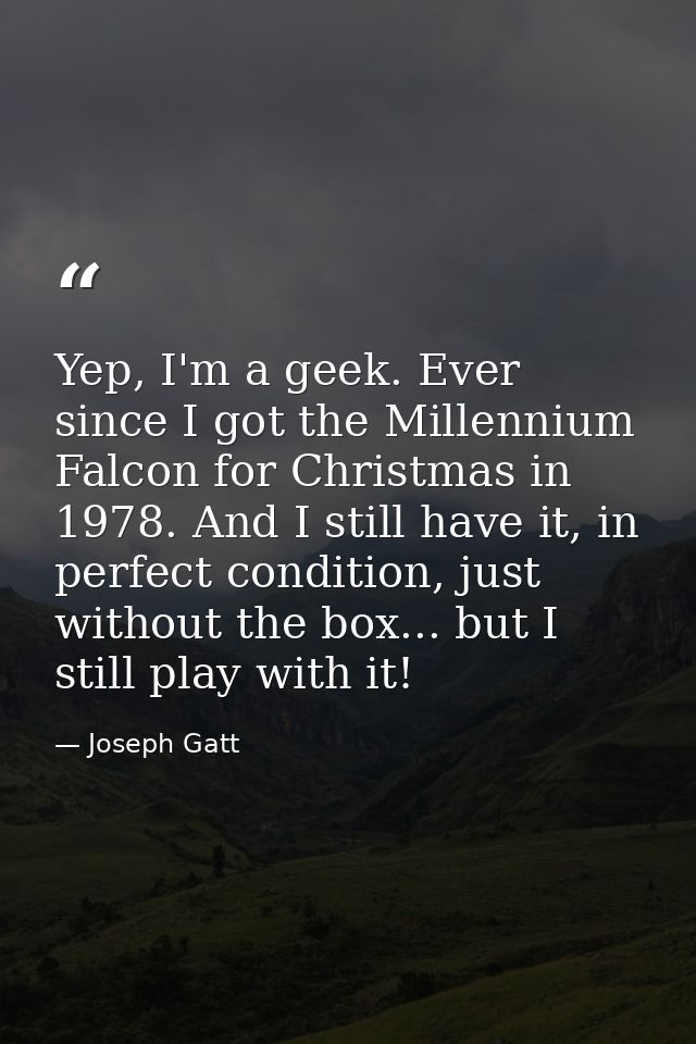 Yep, I'm a geek. Ever since I got the Millennium Falcon for Christmas in 1978. And I still have it, in perfect condition — Joseph Gatt