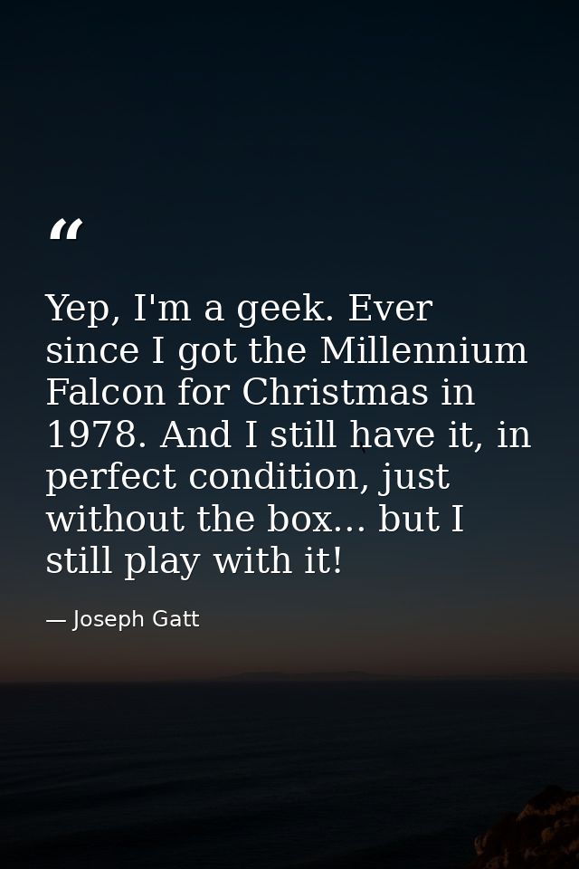 Yep, I'm a geek. Ever since I got the Millennium Falcon for Christmas in 1978. And I still have it, in perfect condition — Joseph Gatt
