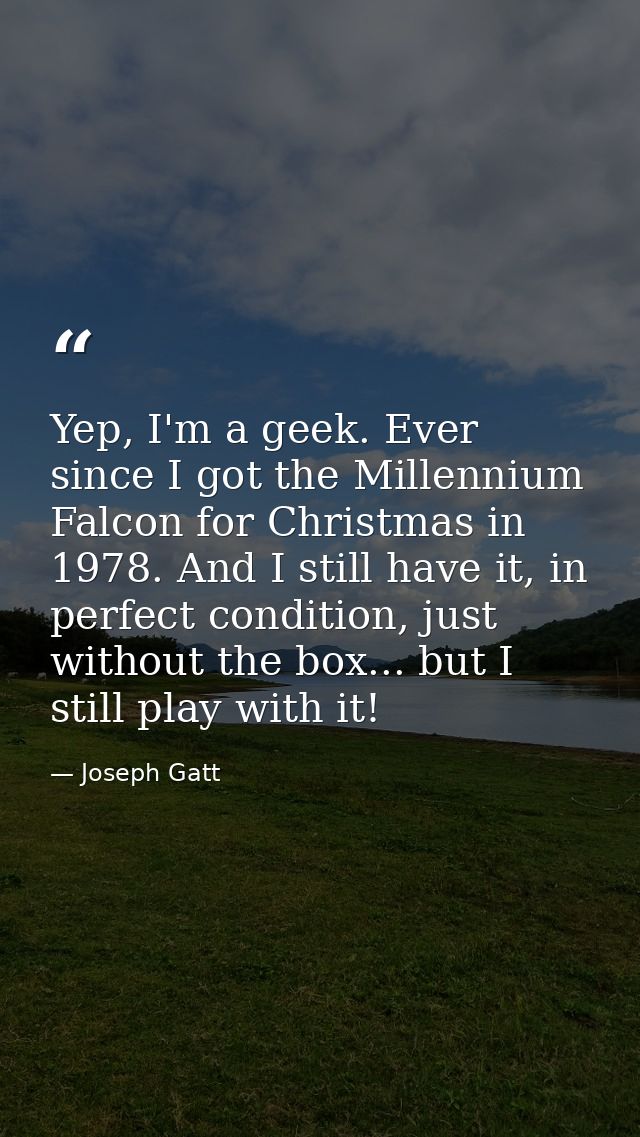 Yep, I'm a geek. Ever since I got the Millennium Falcon for Christmas in 1978. And I still have it, in perfect condition — Joseph Gatt