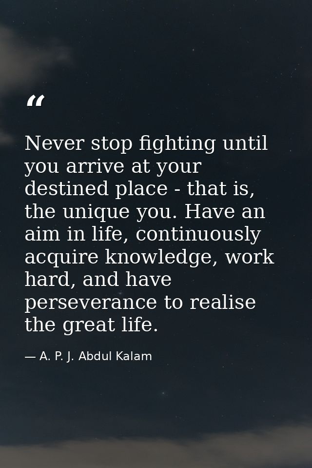Never stop fighting until you arrive at your destined place - that is, the unique you. Have an aim in life, continuously — A. P. J. Abdul Kalam