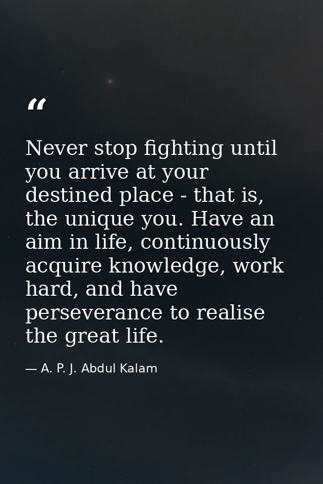 Never stop fighting until you arrive at your destined place - that is, the unique you. Have an aim in life, continuously — A. P. J. Abdul Kalam