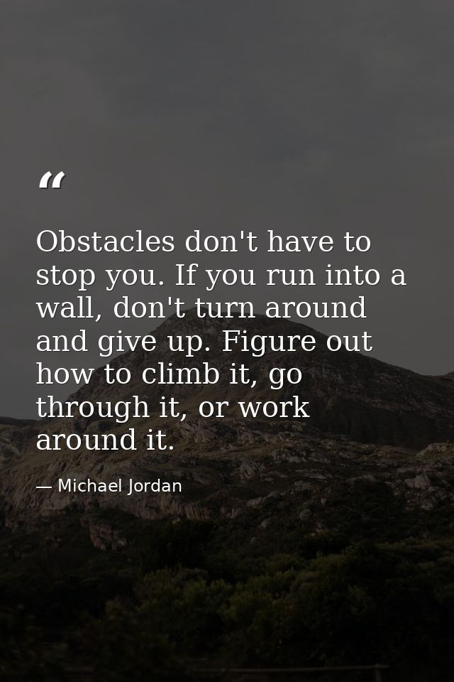 Obstacles don't have to stop you. If you run into a wall, don't turn around and give up. Figure out how to climb it, go  — Michael Jordan