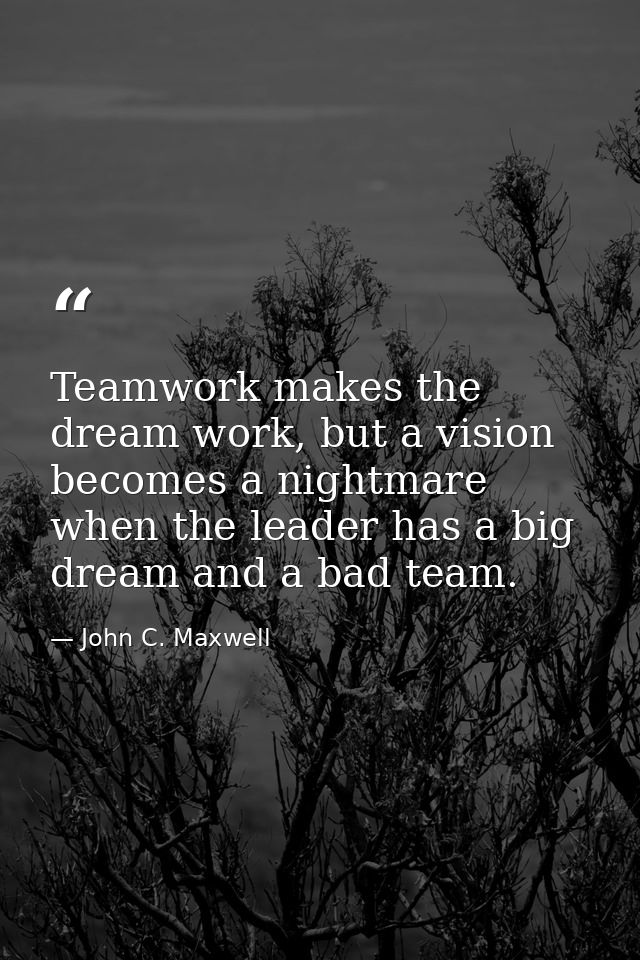 Teamwork makes the dream work, but a vision becomes a nightmare when the leader has a big dream and a bad team. — John C. Maxwell