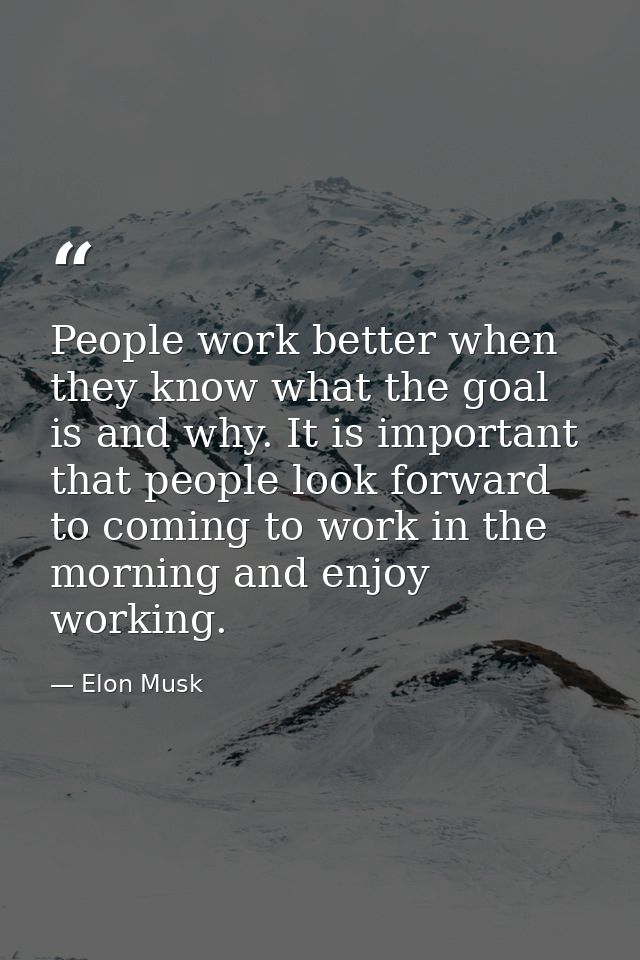 People work better when they know what the goal is and why. It is important that people look forward to coming to work i — Elon Musk