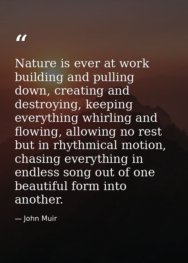 Nature is ever at work building and pulling down, creating and destroying, keeping everything whirling and flowing, allo — John Muir