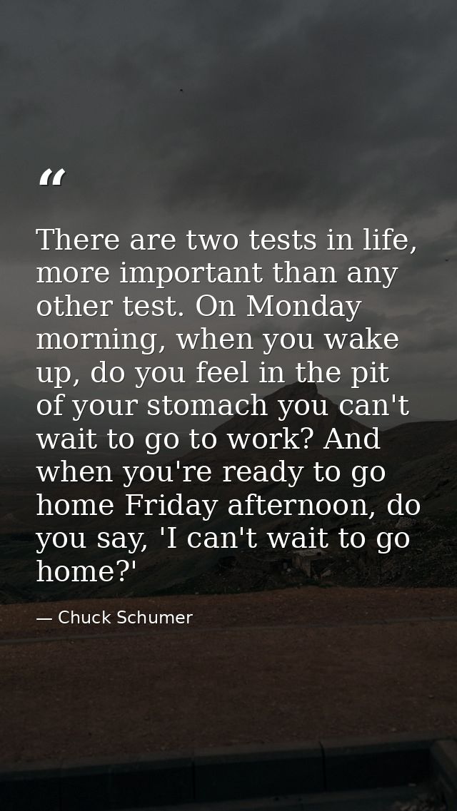 There are two tests in life, more important than any other test. On Monday morning, when you wake up, do you feel in the — Chuck Schumer