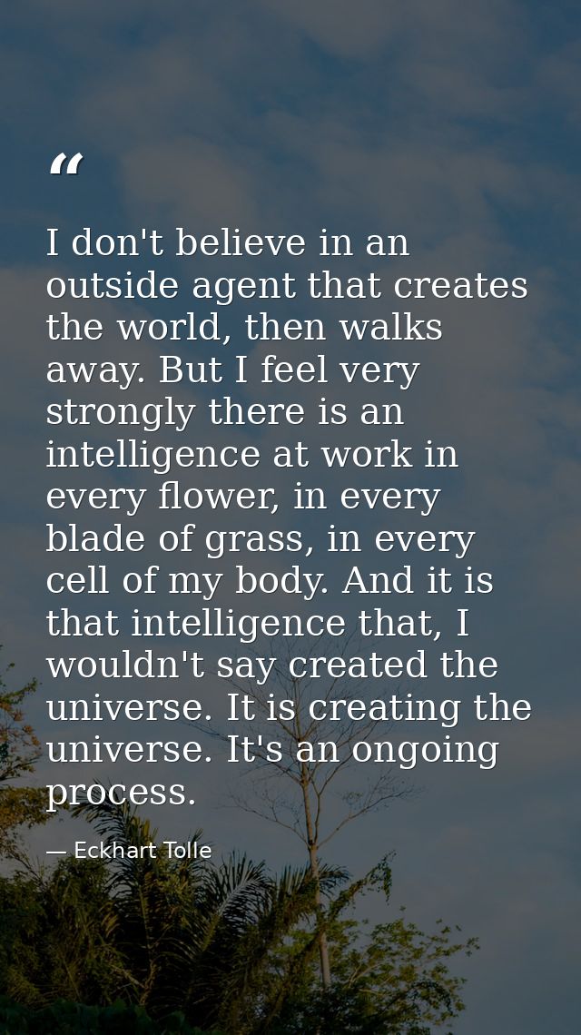 I don't believe in an outside agent that creates the world, then walks away. But I feel very strongly there is an intell — Eckhart Tolle
