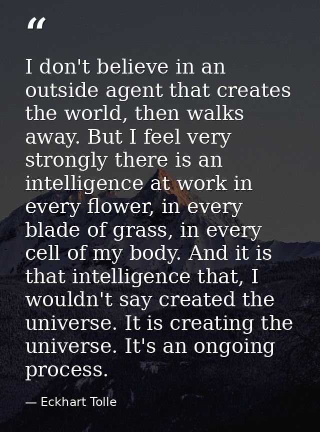 I don't believe in an outside agent that creates the world, then walks away. But I feel very strongly there is an intell — Eckhart Tolle