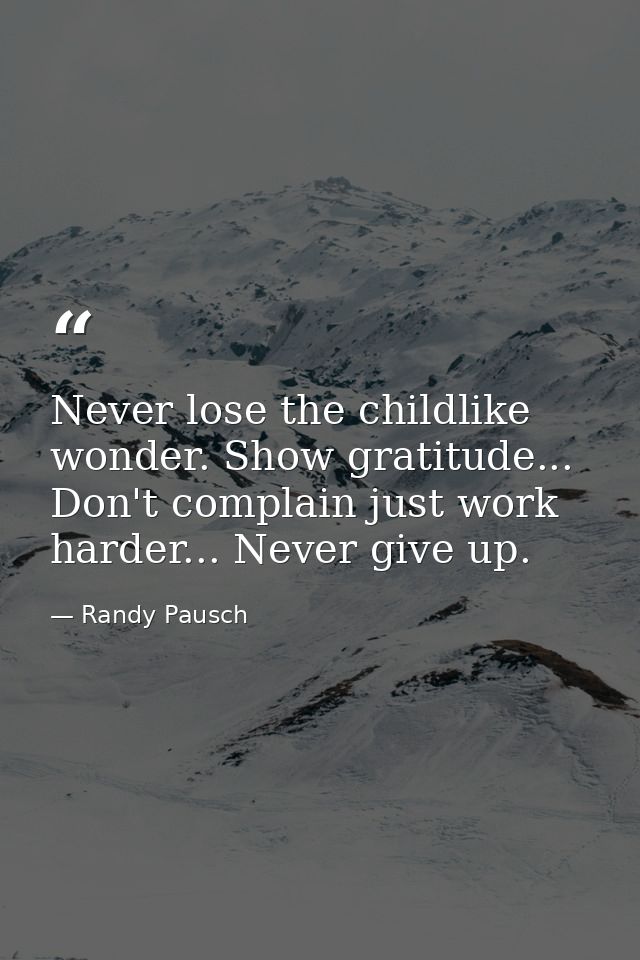 Never lose the childlike wonder. Show gratitude... Don't complain just work harder... Never give up. — Randy Pausch