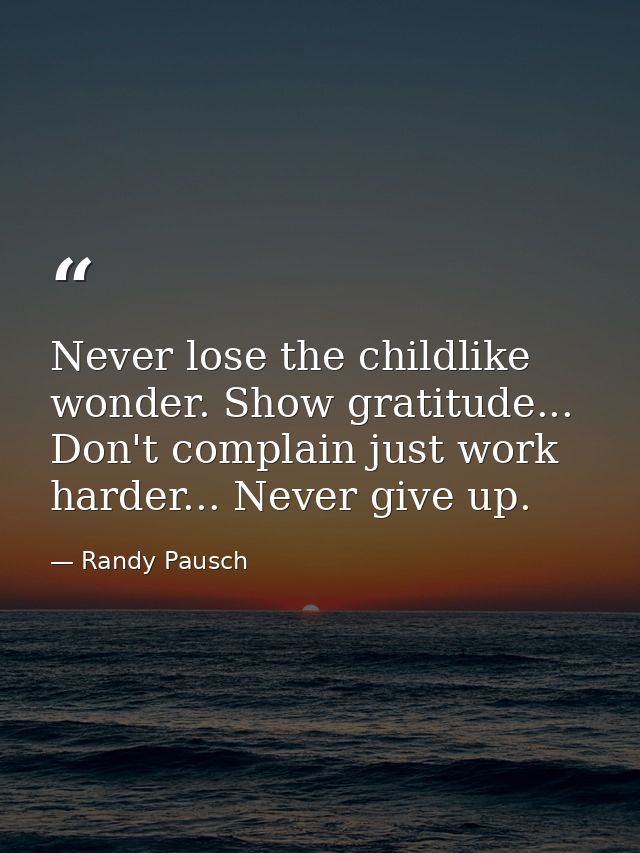 Never lose the childlike wonder. Show gratitude... Don't complain just work harder... Never give up. — Randy Pausch