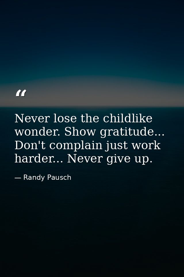 Never lose the childlike wonder. Show gratitude... Don't complain just work harder... Never give up. — Randy Pausch