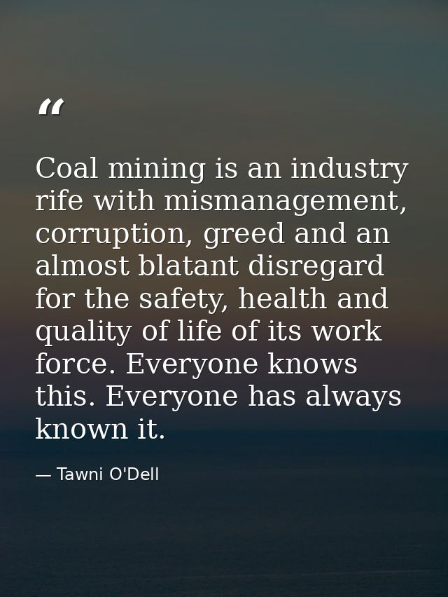 Coal mining is an industry rife with mismanagement, corruption, greed and an almost blatant disregard for the safety, he — Tawni O'Dell