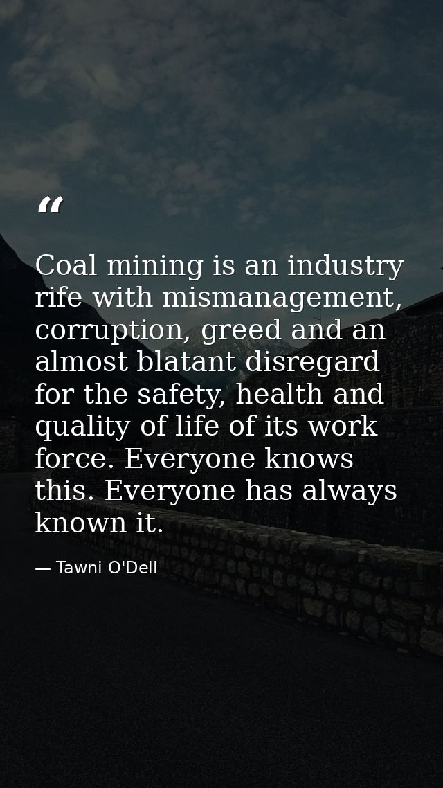 Coal mining is an industry rife with mismanagement, corruption, greed and an almost blatant disregard for the safety, he — Tawni O'Dell