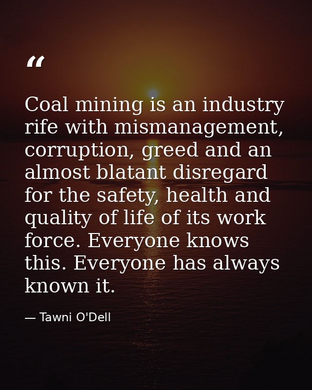 Coal mining is an industry rife with mismanagement, corruption, greed and an almost blatant disregard for the safety, he — Tawni O'Dell