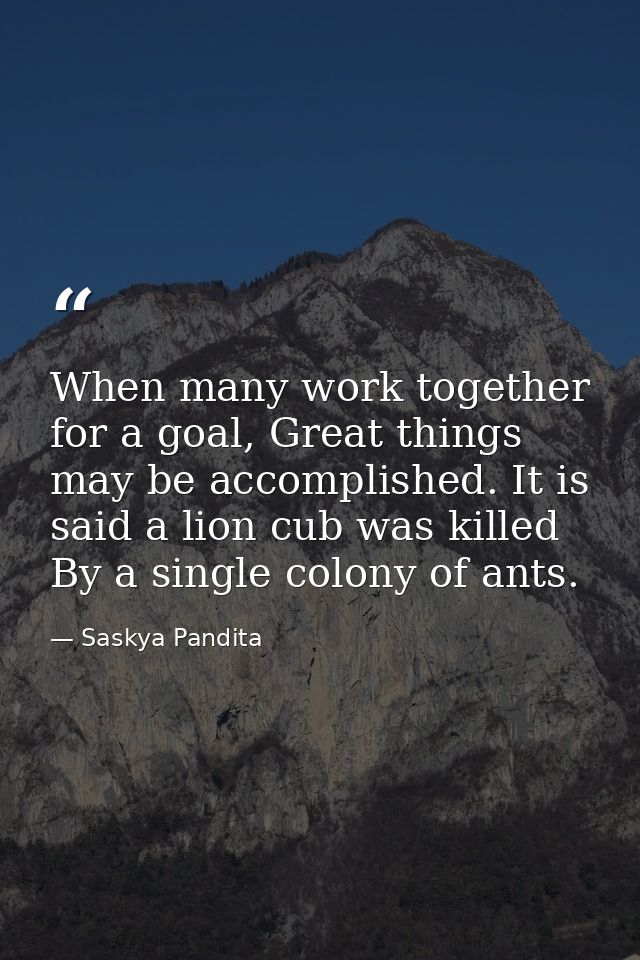 When many work together for a goal, Great things may be accomplished. It is said a lion cub was killed By a single colon — Saskya Pandita