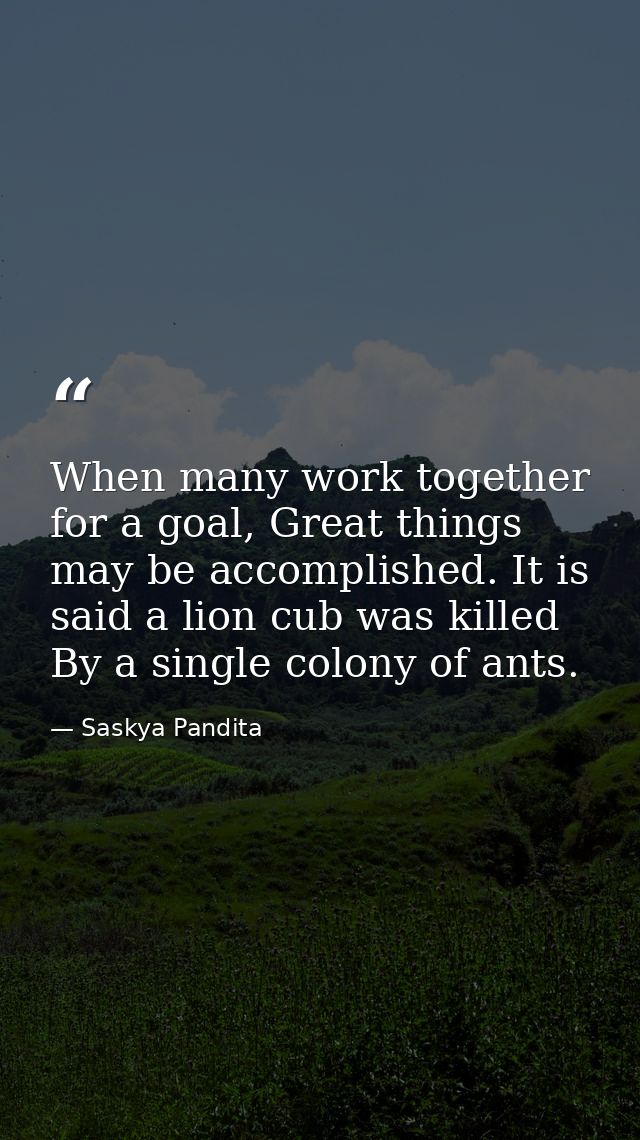 When many work together for a goal, Great things may be accomplished. It is said a lion cub was killed By a single colon — Saskya Pandita