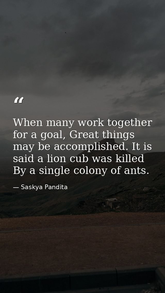 When many work together for a goal, Great things may be accomplished. It is said a lion cub was killed By a single colon — Saskya Pandita