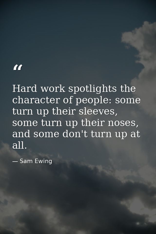 Hard work spotlights the character of people: some turn up their sleeves, some turn up their noses, and some don't turn  — Sam Ewing