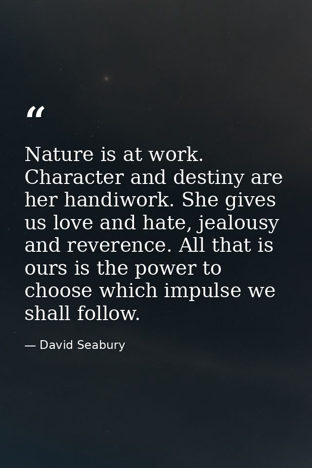 Nature is at work. Character and destiny are her handiwork. She gives us love and hate, jealousy and reverence. All that — David Seabury