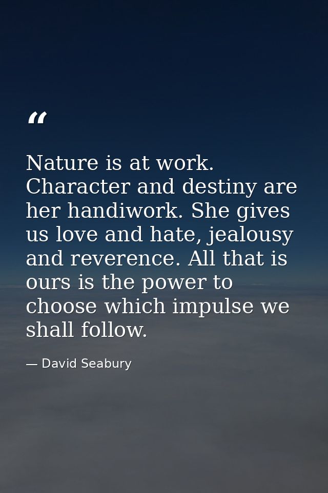 Nature is at work. Character and destiny are her handiwork. She gives us love and hate, jealousy and reverence. All that — David Seabury