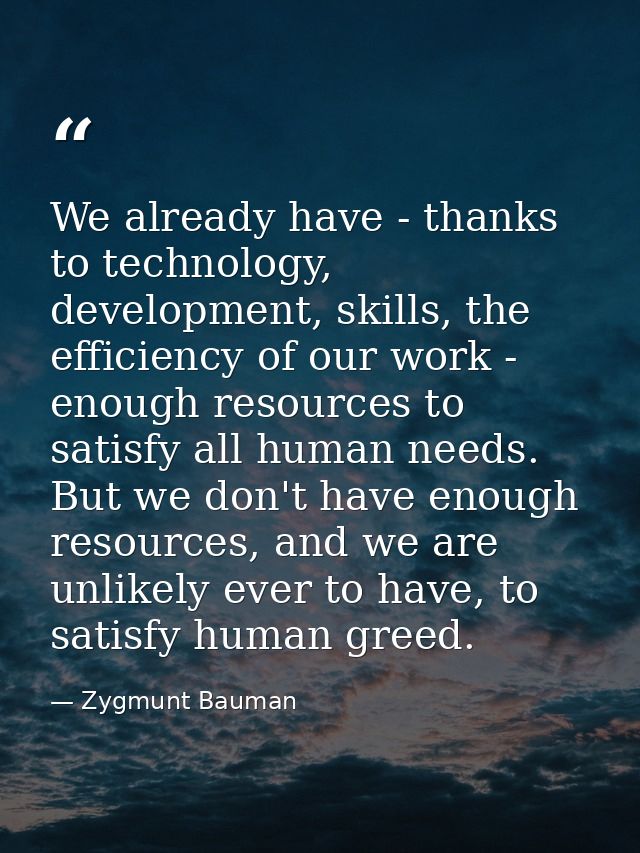 We already have - thanks to technology, development, skills, the efficiency of our work - enough resources to satisfy al — Zygmunt Bauman