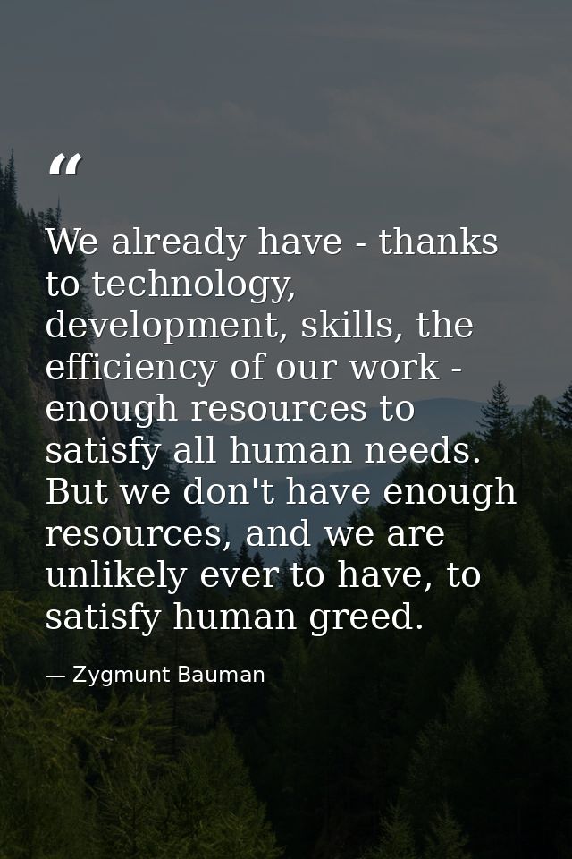 We already have - thanks to technology, development, skills, the efficiency of our work - enough resources to satisfy al — Zygmunt Bauman