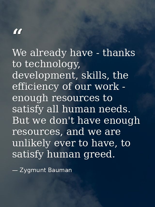 We already have - thanks to technology, development, skills, the efficiency of our work - enough resources to satisfy al — Zygmunt Bauman