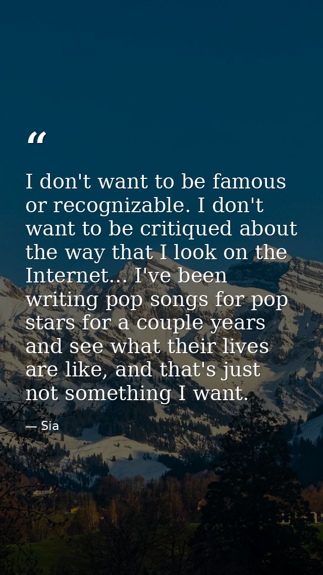 I don't want to be famous or recognizable. I don't want to be critiqued about the way that I look on the Internet... I'v — Sia