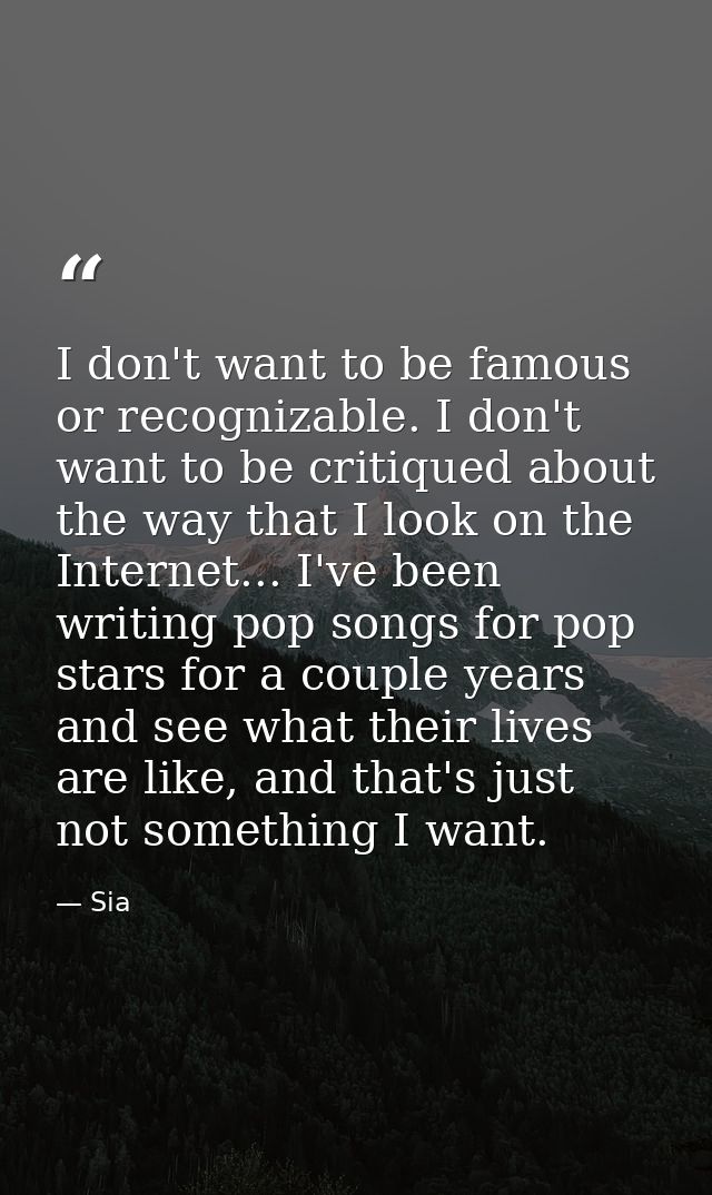 I don't want to be famous or recognizable. I don't want to be critiqued about the way that I look on the Internet... I'v — Sia