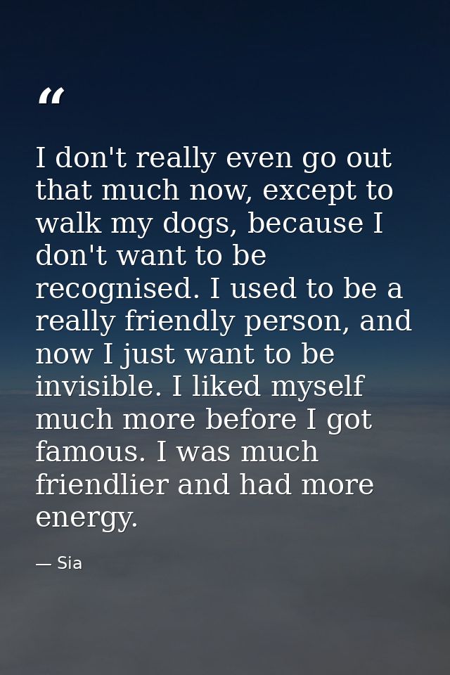I don't really even go out that much now, except to walk my dogs, because I don't want to be recognised. I used to be a  — Sia