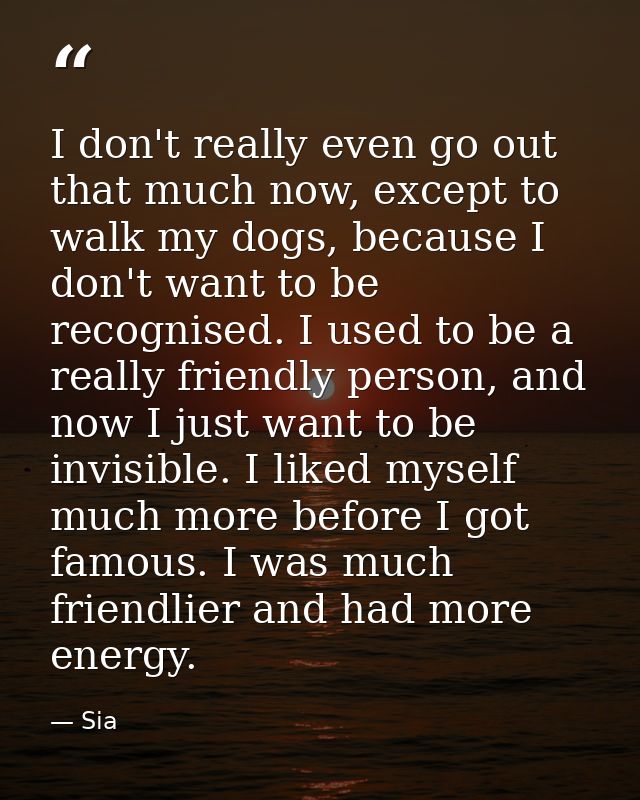 I don't really even go out that much now, except to walk my dogs, because I don't want to be recognised. I used to be a  — Sia
