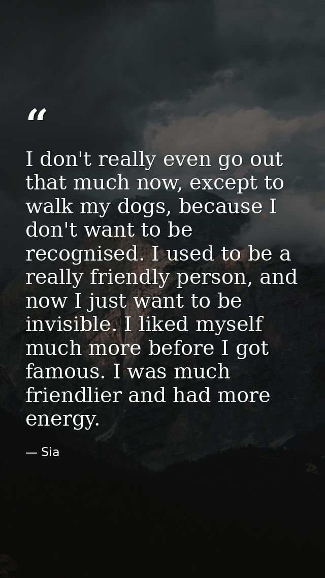 I don't really even go out that much now, except to walk my dogs, because I don't want to be recognised. I used to be a  — Sia