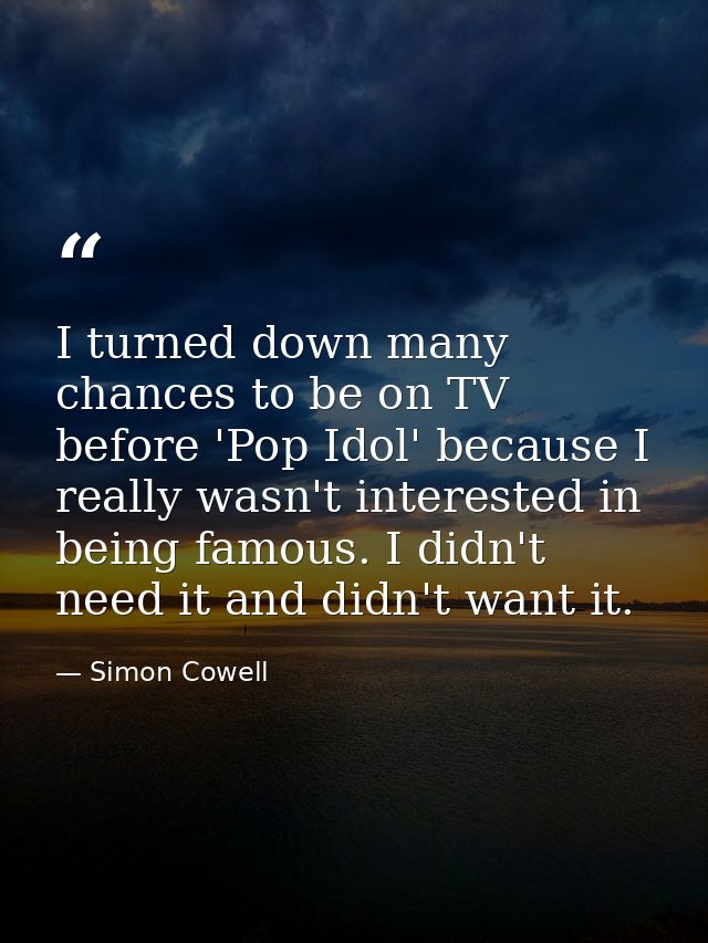 I turned down many chances to be on TV before 'Pop Idol' because I really wasn't interested in being famous. I didn't ne — Simon Cowell