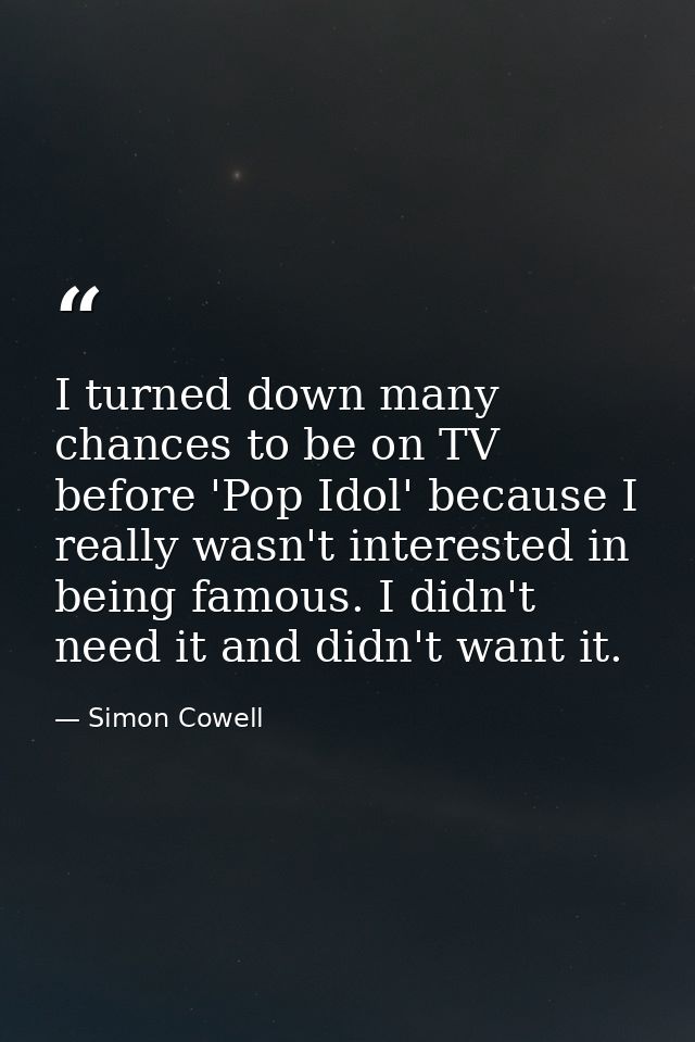 I turned down many chances to be on TV before 'Pop Idol' because I really wasn't interested in being famous. I didn't ne — Simon Cowell