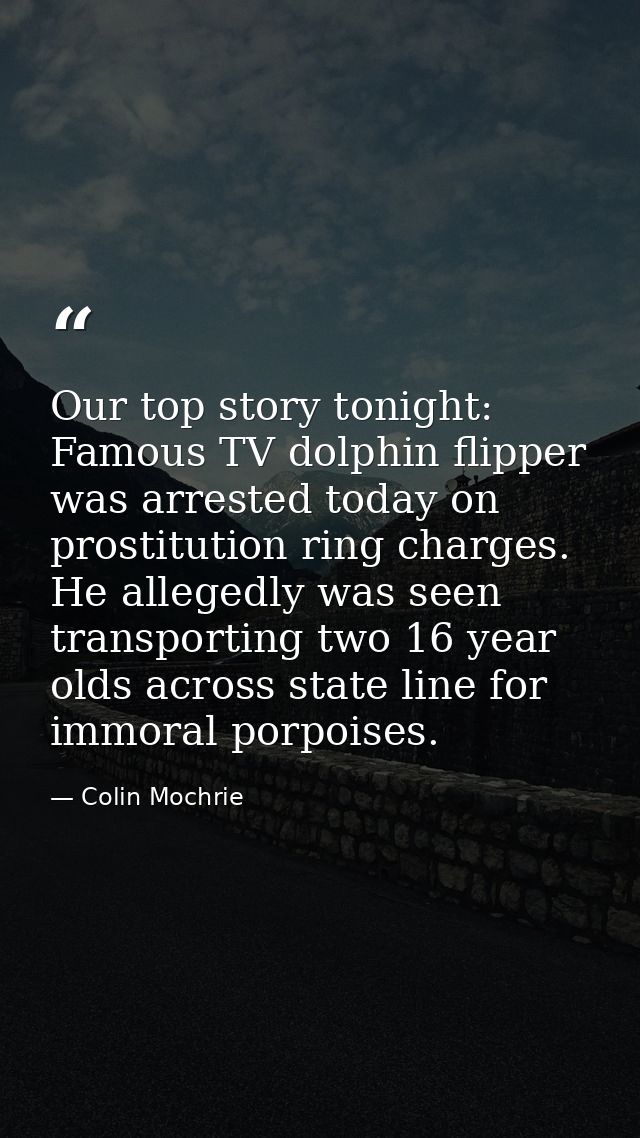 Our top story tonight: Famous TV dolphin flipper was arrested today on prostitution ring charges. He allegedly was seen  — Colin Mochrie