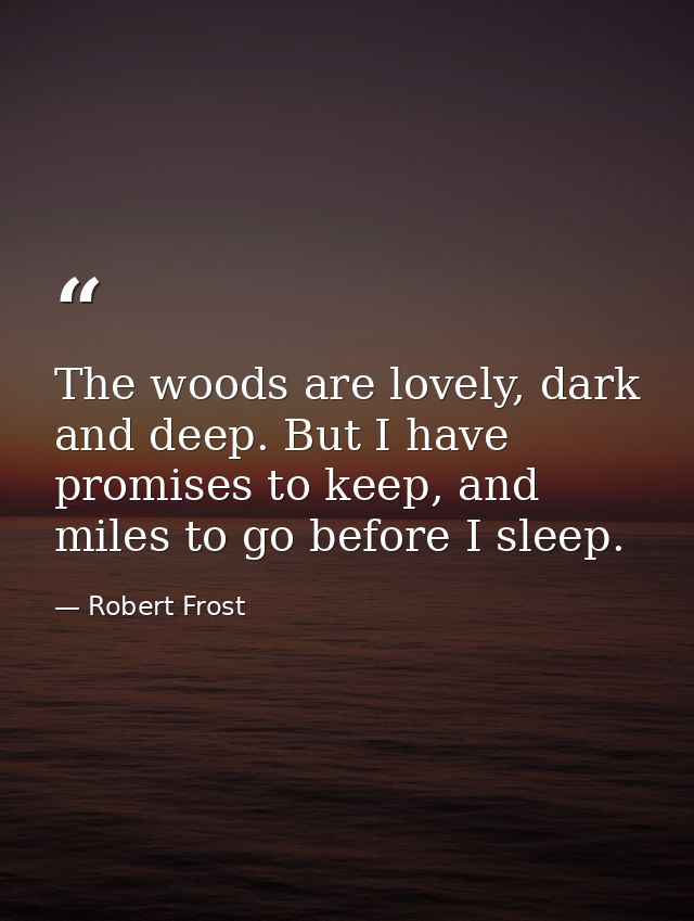The woods are lovely, dark and deep. But I have promises to keep, and miles to go before I sleep. — Robert Frost