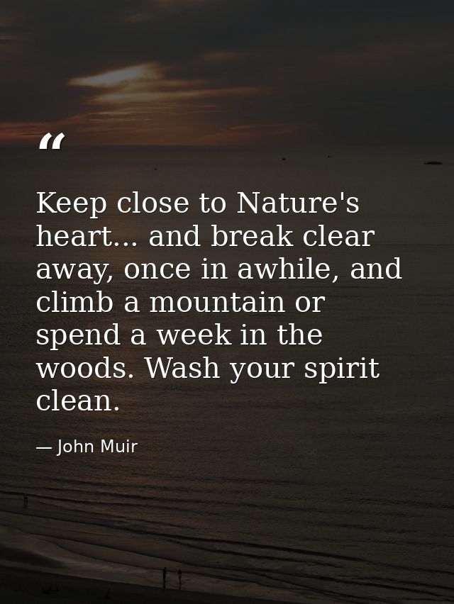 Keep close to Nature's heart... and break clear away, once in awhile, and climb a mountain or spend a week in the woods. — John Muir