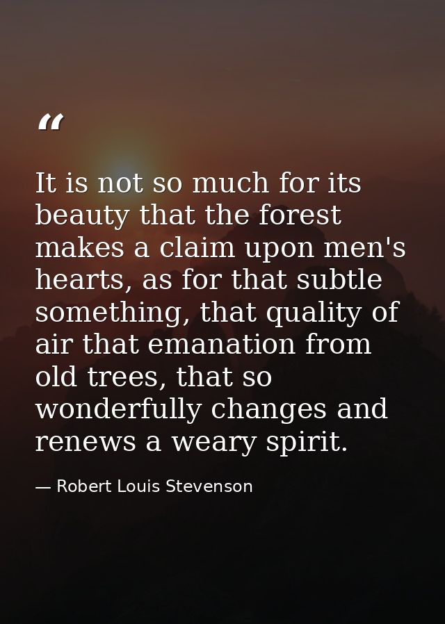 It is not so much for its beauty that the forest makes a claim upon men's hearts, as for that subtle something, that qua — Robert Louis Stevenson
