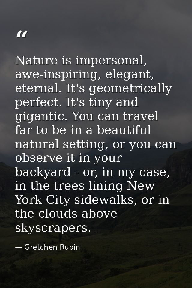 Nature is impersonal, awe-inspiring, elegant, eternal. It's geometrically perfect. It's tiny and gigantic. You can trave — Gretchen Rubin
